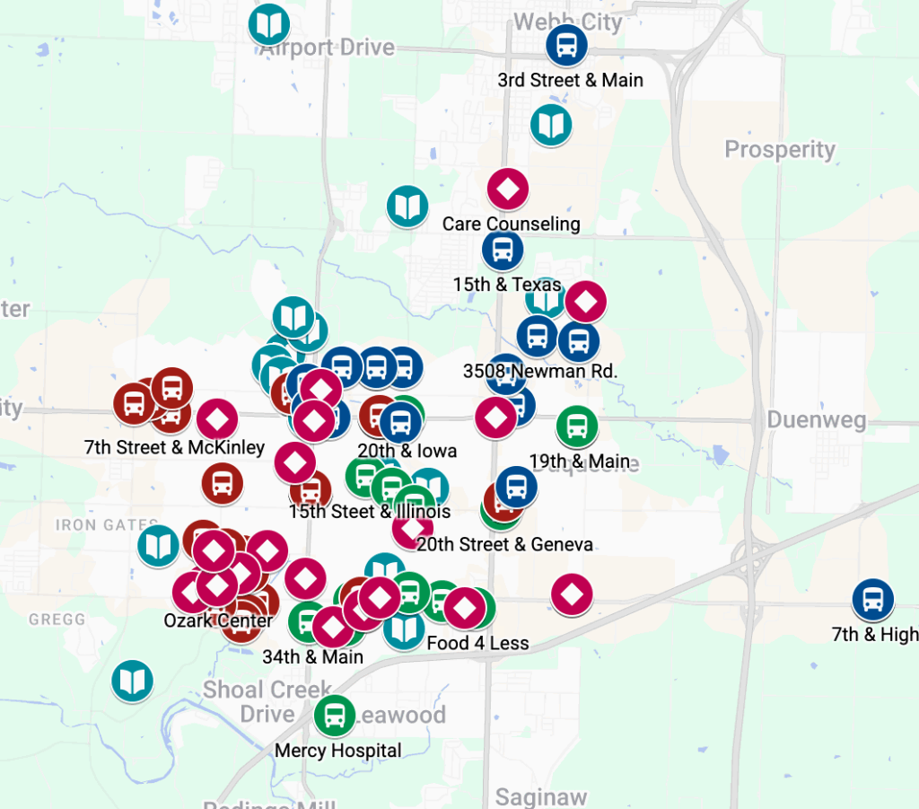resource map of joplin showing icons for important locations