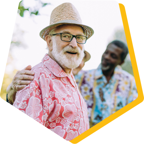 Older bearded man with flower shirt